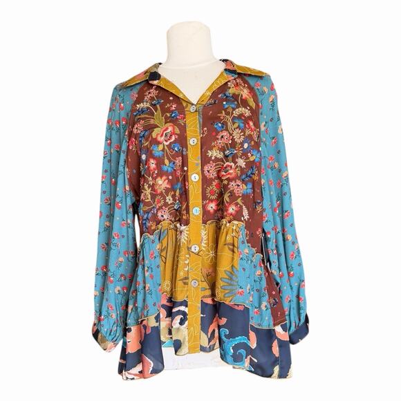 John Mark Mixed Media Floral Peasant Blouse XL Patchwork Boho Tunic NWT Eclectic - Picture 4 of 16